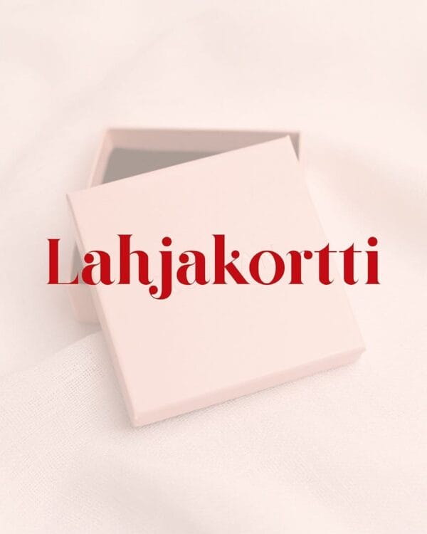 Kuvassa taustalla korvakorurasia ja etualalla teksti lahjakortti