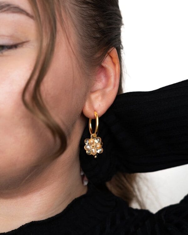 Sovituskuva kultaisista rengaskorvakoruista vaaleilla helmillä