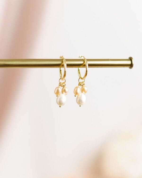 Korvakorut kultaisilla korvakorurenkailla ja makeanvedenhelmillä